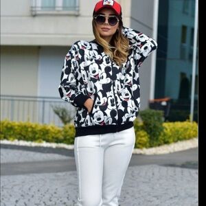 VTG Disney Black & White Mickey Mouse Full-Print Satin Bomber Jacket